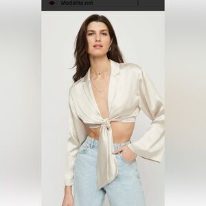 Dynamite Maeve tie front satin shirt. Lt beige color size Large. Flowy sleeves